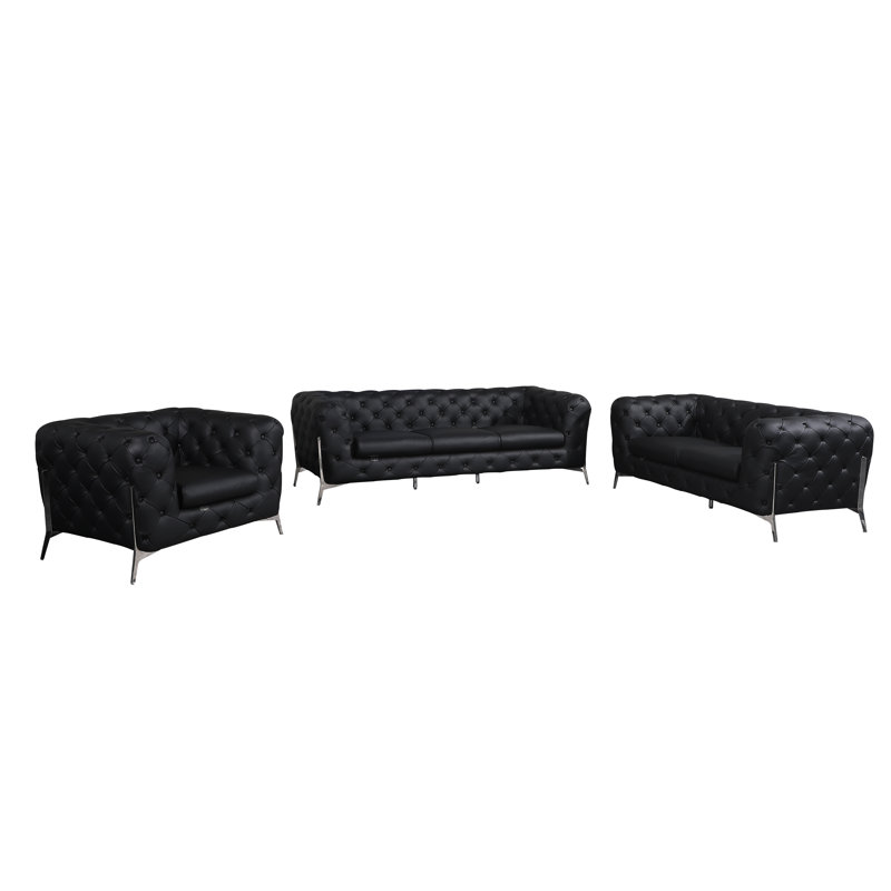 Ensemble de canapé, de causeuse et de chaise en cuir italien 3 pièces Ehrika, Argent, Cuir véritable noir