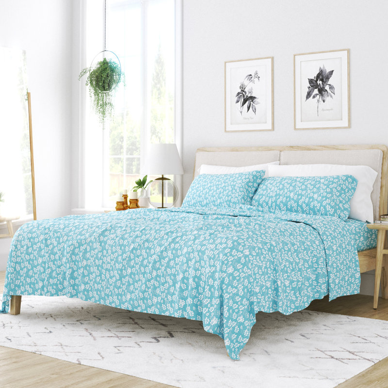 Pale Blue Floral Microfiber Twin Sheet Set