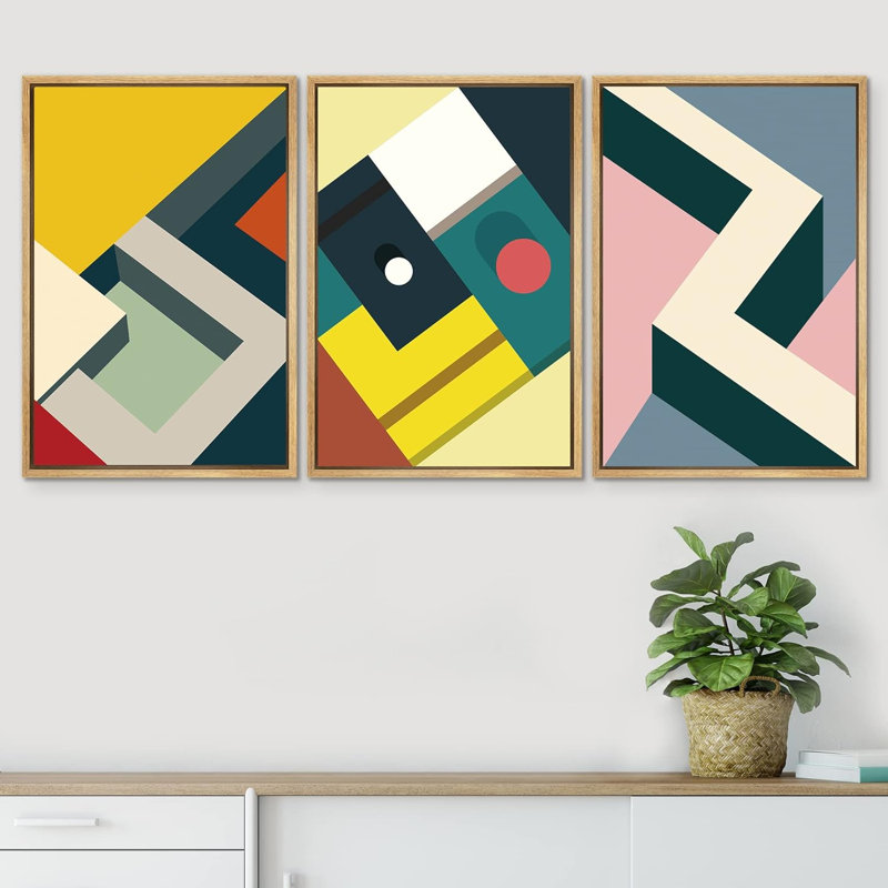 " Mid Century Illusion Pastel Colour Blocks Abstract Shape Illustration Modern Art Chic Multicolor " 3 - Pieces, Naturel