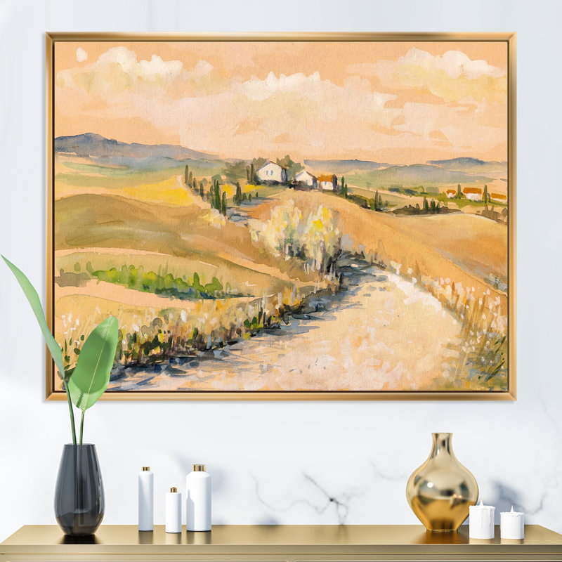 Campagne en Toscane, Italie - reproduction sur toile, H 34 po x l 44 po x P 1,5 po, Cadre flottant doré