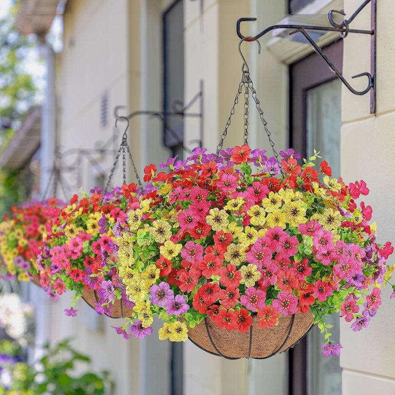 Ensemble de 2 fleurs suspendues artificielles avec paniers pour l'extérieur, Multi-couleur