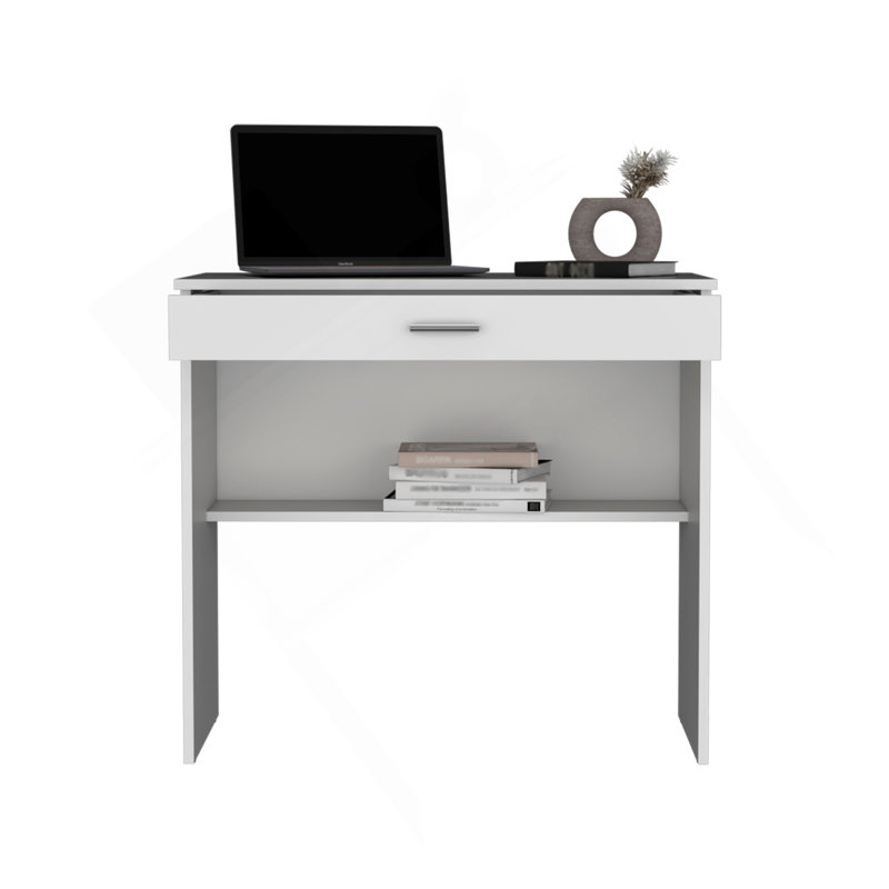 Bureau d'écriture 80 C, poste de travail compact avec tiroir et tablette inférieure, Blanc