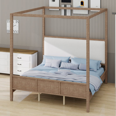 Lit à baldaquin contemporain en bois avec tête de lit rembourrée et structure robuste