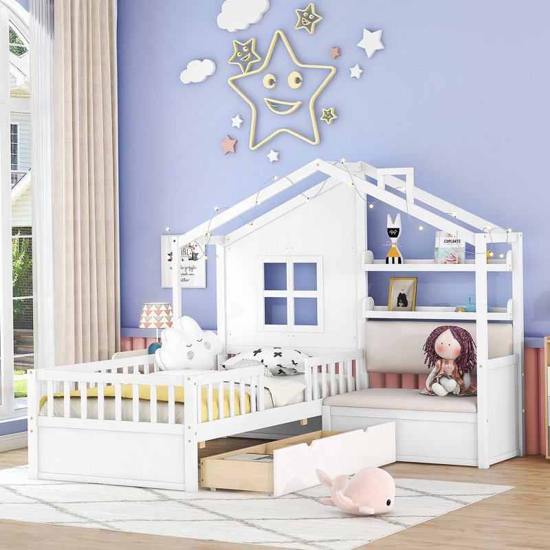 Lit House avec canapé, lit plateforme pour enfants avec deux tiroirs et tablette de rangement