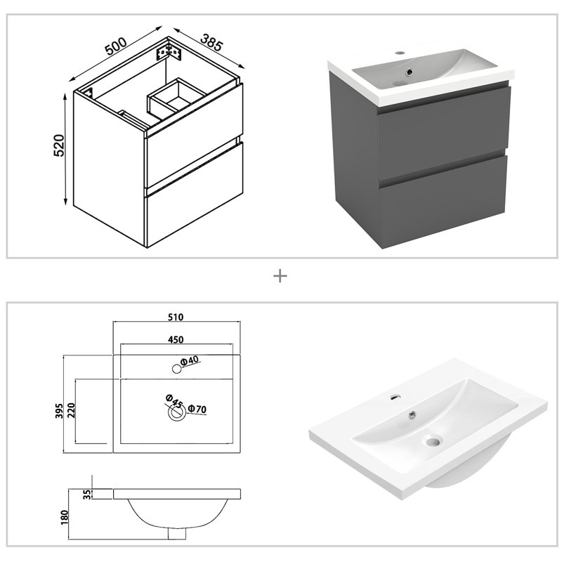 Clementas 500mm Single Bathroom Vanity with Drop In Resin Basin, Anthracite