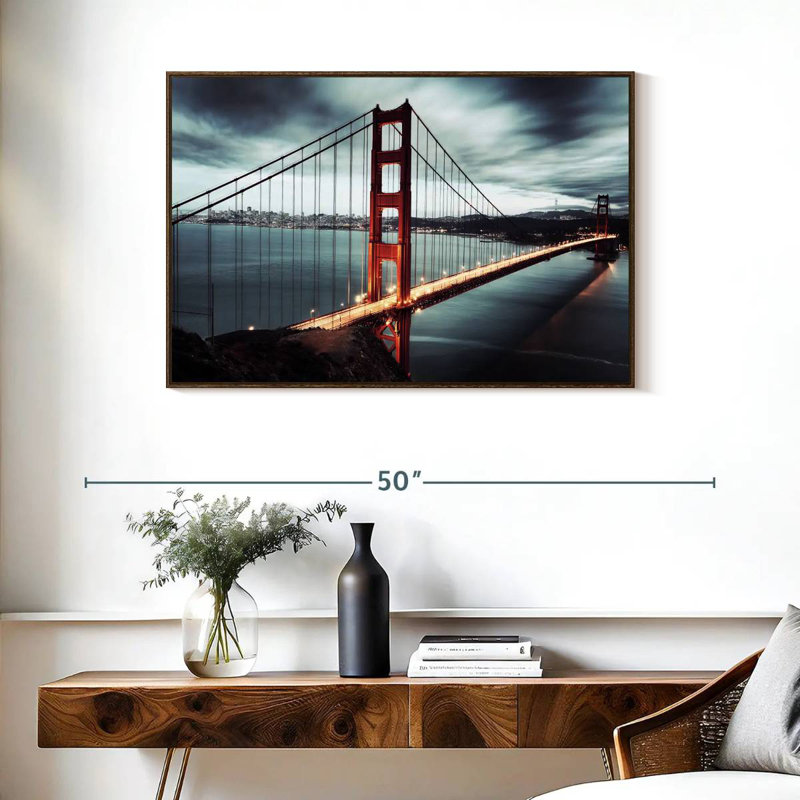 Nuage de tempête Golden Gate Bridge, 37 po x 25 po, Cadre flottant en noyer