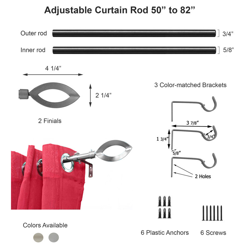 Set of 2 Adjustable Single Curtain Rods with Modern Finials - Silver Matte (50-82 inches), Silver