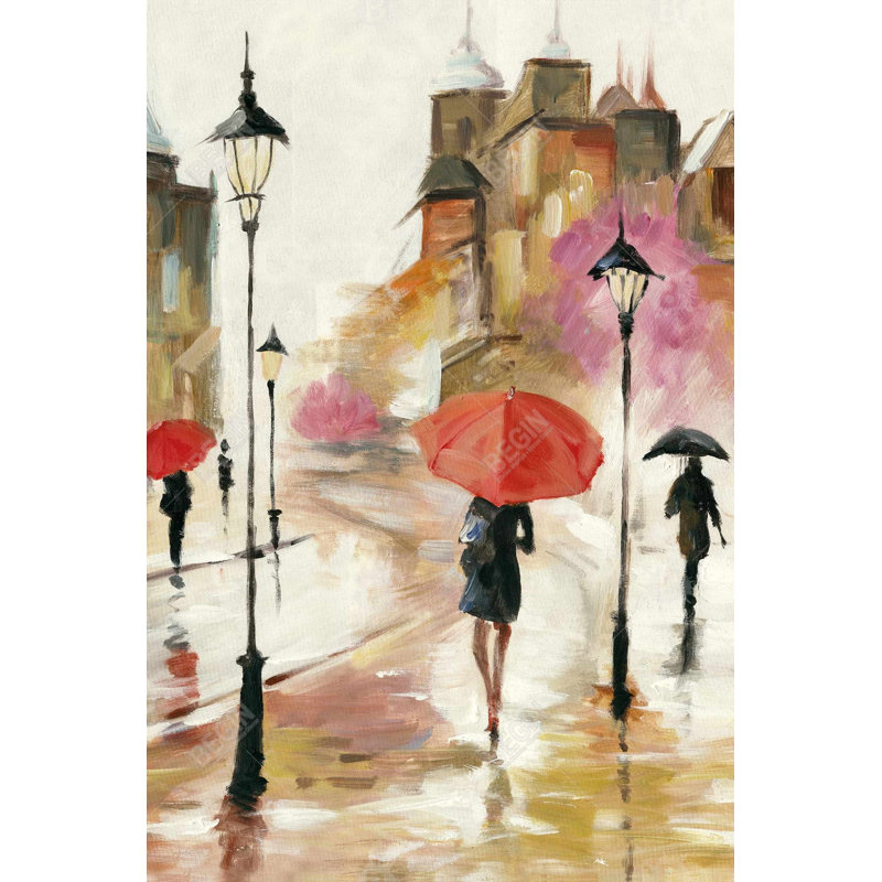 Art contemporain rouge sur toile - Passants sous les parapluies