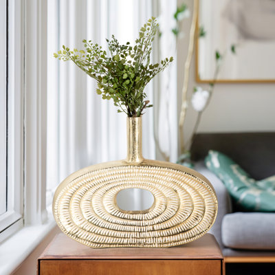 Modern Metal and Aluminum Vase with Oval Cutout and Textured Circular Ridge Design - Sleek Sculptural Accent with Contemporary Geometric Shape and Distinctive Open Center Detailing