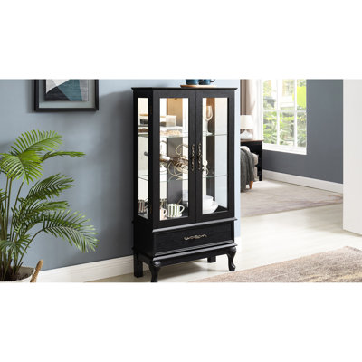 Vitrine éclairée avec tablettes ajustables, portes, fond miroir, poignées vintage et tiroir - Facile à installer, idéale pour la décoration intérieure.