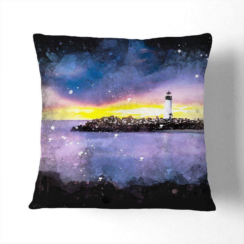 Remote Lighthouse & Seascape Cushion with Filling, 55cm H x 55cm W x 20cm D, Stone
