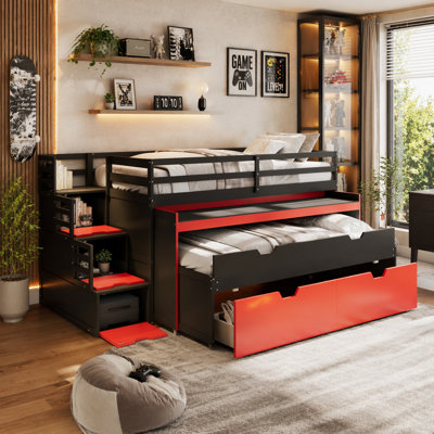 Full XL Loft Bed with Pull-Out Desk and Twin Trundle, Multi-Functional Bunk Bed with 2 Storage Drawers and Storage Steps, Space-Saving Gaming & Workstation Bedframe, Black+Blue