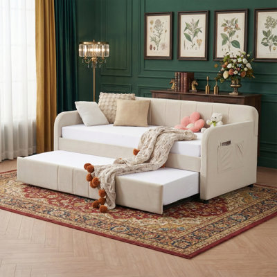 Lit de jour rembourré simple 81,6 po avec couchette coulissante - Structure de canapé-lit en velours avec lattes de bois - Aucun sommier requis