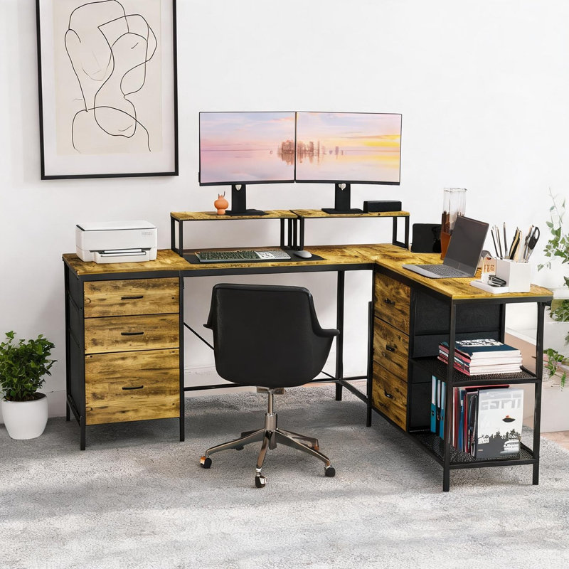 Bureau d'ordinateur avec concentrateur électrique et support pour écran, finition brune et structure en métal, en forme de L de 114 pouces