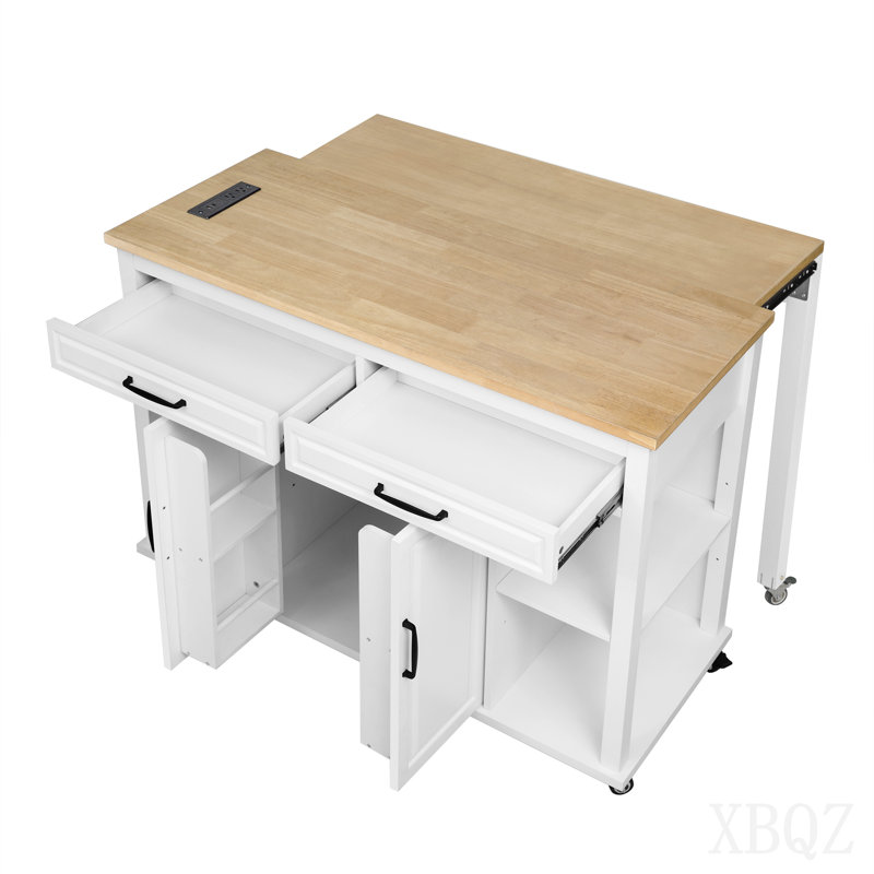 47 inch Kitchen Island with Extendable Dining Table, Rubber Wood Veneer Kitchen Table with Internal Storage Rack, Power Outlet, Kitchen island with Storage 2 Drawers 2 Cabinet, White