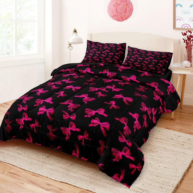 Ensemble d'édredon à motif de nœuds roses 4 pièces princesse, Édredon très grand + 3 taies d'oreiller, Rose millennial