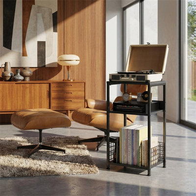 3-Tier Record Rack with Storage, Holds Over 100 Records, Iron Frame, Versatile Side Table Design, Adjustable Legs, Mid-Century Modern Style, Black and Brown