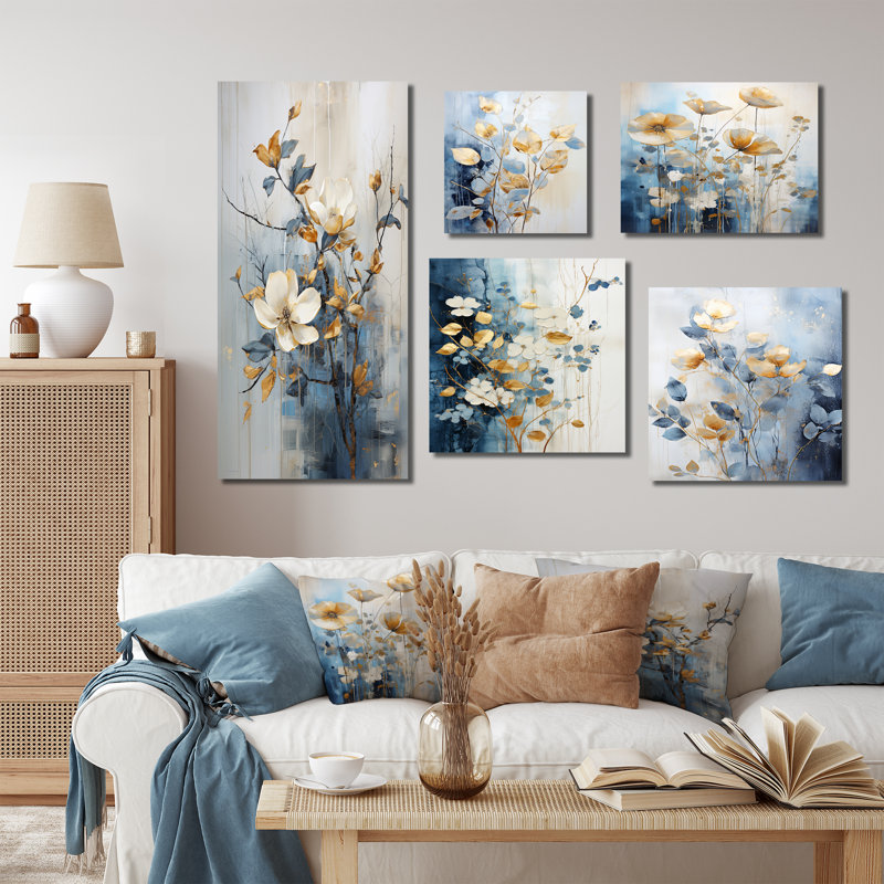 Ensemble de salon de jardin à motif de fleurs beige et bleu - 5 fleurs, Toile tendue