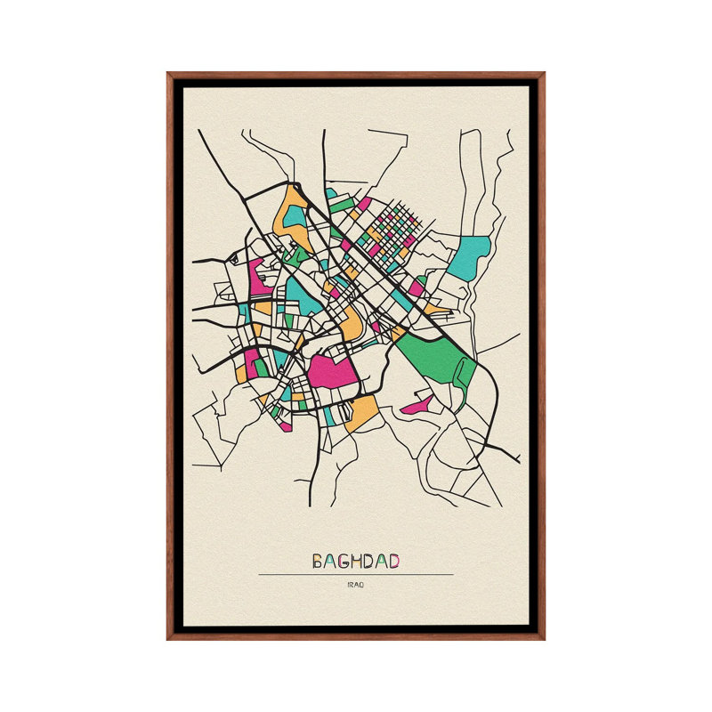 Baghdad, Iraq Map by Ayse Deniz Akerman - Print on Canvas, Brown Floater Frame, 66.04 cm H x 45.72 cm W