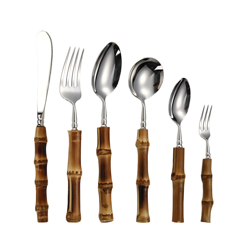 Ensemble de couverts 24 pièces en acier inoxydable avec poignée en bambou naturel - couteau à steak, fourchette et cuillère pour la salle à manger, le dessert et la soupe