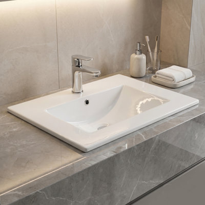 24 Inch White Rectangular Drop-In Bathroom basin Basin - Vitreous Ceramic Porcelain Vanity Top - Overflow - Easy-Clean Gloss Finish - Single Hole