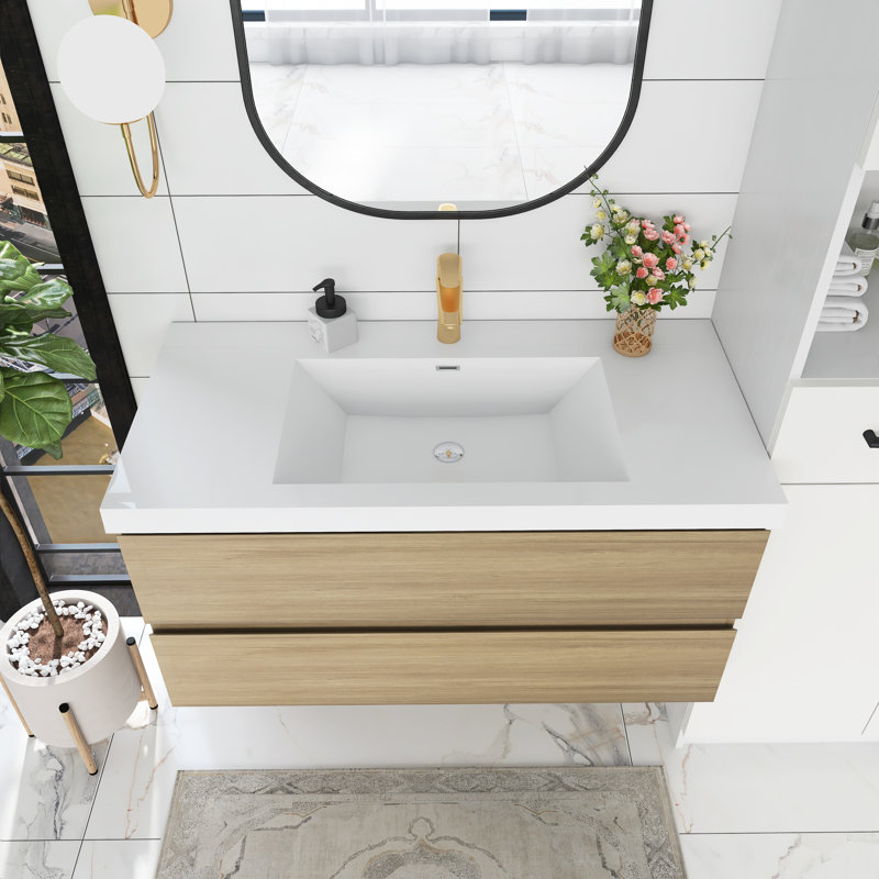 Ensemble de meuble-lavabo mural simple 42 po avec plateau en résine Issaias, Chêne naturel
