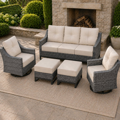 5 Piece Patio Furniture Set, Outdoor Conversation Set With 3-seat Sofa, 2 Swivel Glider Chairs And 2 Ottomans, Handwoven Pe Wicker Patio Set With 6 Inch Olefin Cushions For Porch, Deck, Backyard, Grey/beige