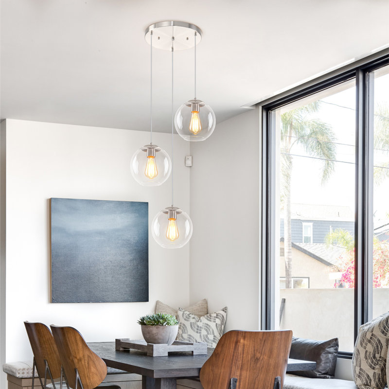 3-Light Globe Glass  Cluster Pendants, Brushed Nickel