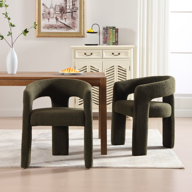 Modern Upholstered Barrel Dining Chairs, Antique Green Sherpa