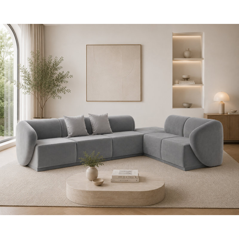 6 Seater Velvet Sofa & Chaise, Grey Velvet