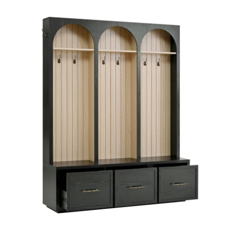 59" Farmhouse Hall Tree - Arched Design Bench With 8 Hooks & 3 Drawers (74.8"H), Black