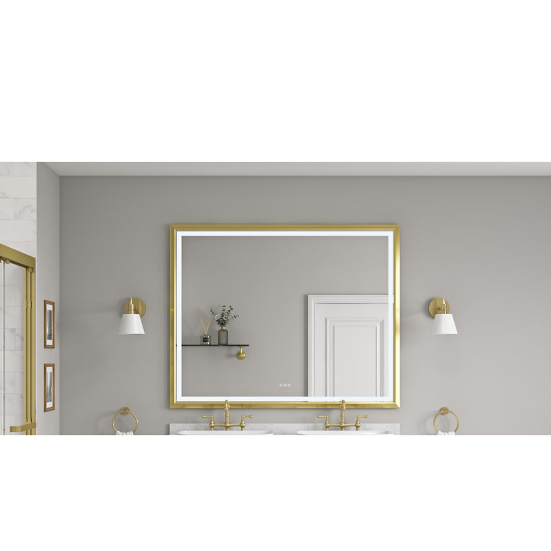 Miroir de salle de bain 72 "x 48" avec bordure en aluminium, fixation murale, fonctionnalité brouillard, 3 options de couleurs, éclairage à intensité variable, miroir 48 pouces de style or brossé, cadre, brouillard, couleurs, réglable en continu