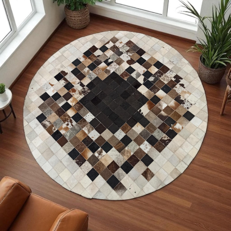 Tapis rond en cuir de vache patchwork, tapis en cuir fait à la main, Rond 6 pi x 6 pi