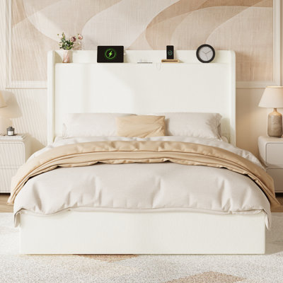 Chenille Upholstered Bed Frame with Storage Headboard and Charging Station