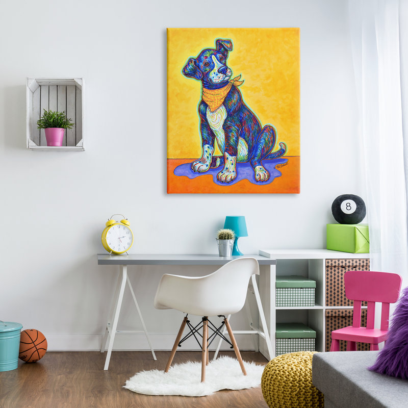 «Blue and Yellow Abstract Dog», art mural par Pat Cockrell, H 48 po x l 36 po x P 1,5 po