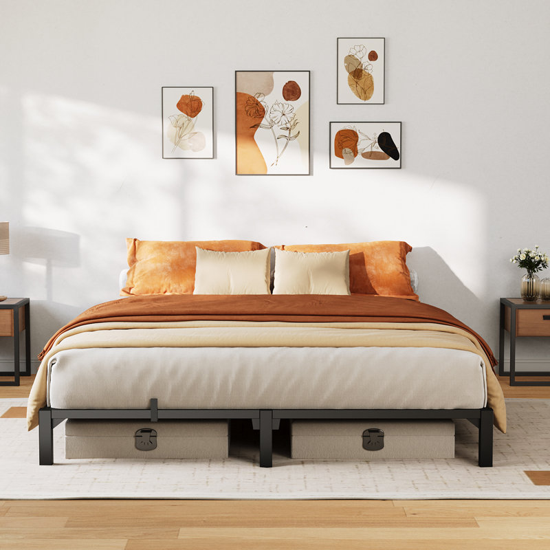 Cadre de lit plateforme grand format en métal à profil bas, support de lattes en acier robuste de 8 pouces, assemblage sans outil sans vis, lit sans sommier requis pour les petits espaces et les chambres d'amis