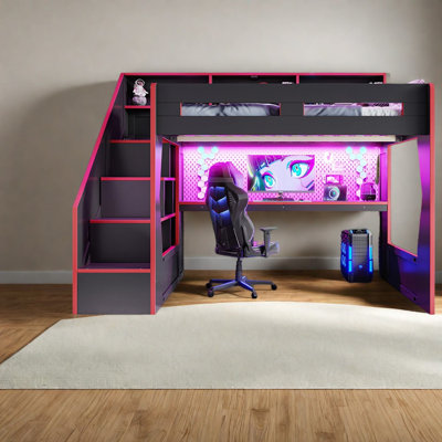 Lit mezzanine moderne avec escalier de rangement, structure en MDF, pour gamers.