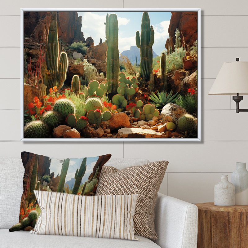 Cactus vert en fleurs au Nevada - Art mural floral cactus, Cadre flottant brun, H 12 po x l 20 po x P 1 po
