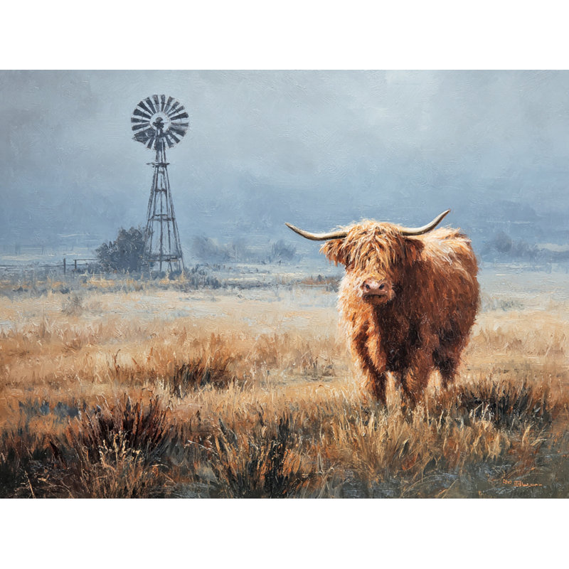 Art mural sur toile Lone Highland Cow and Windmill
