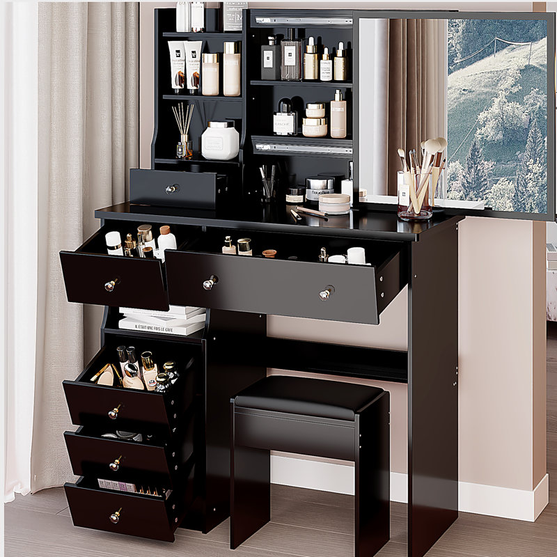 37" Middle Size Left Drawer Desktop Vanity Table + Cushioned Stool, Extra Large Right sliding mirror, Multi Layer High Capacity Storage, Practical Fashionable Dresser, Suitable For Large Space