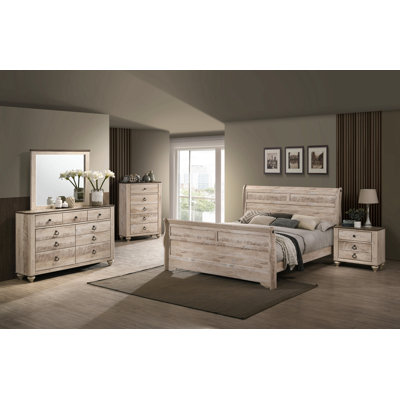 Contemporary White Wash Finish Bedroom Set With King Sleigh Bed, Dresser, Mirror, Nightstand, Chest