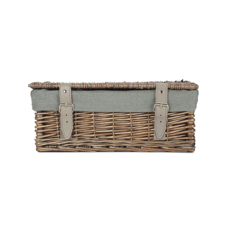 14" Wicker Picnic Hamper Basket with Lining, Antique Wash/Grey