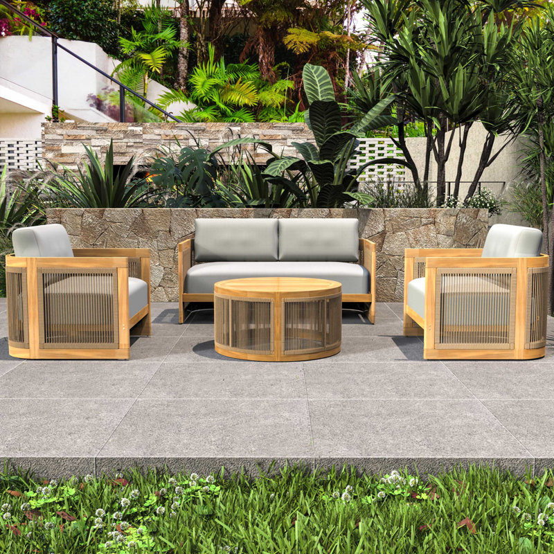 Ensemble de conversation d'extérieur 4 pièces en bois d'acacia avec coussins crème Guzal