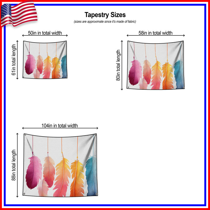 Tapisserie murale colorée avec plumes suspendues - Décoration murale plumes, H 50 po x l 60 po avec 4 œillets