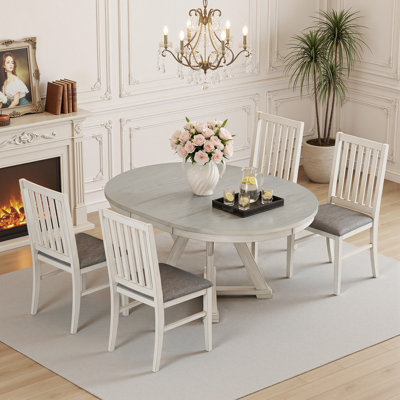 Ensemble de table de salle à manger extensible 5 pièces avec 4 chaises rembourrées, ensemble de table de cuisine ovale / ronde en bois massif et chaises, ensemble de table de salle à manger de style campagne moderne de style Mid-Century
