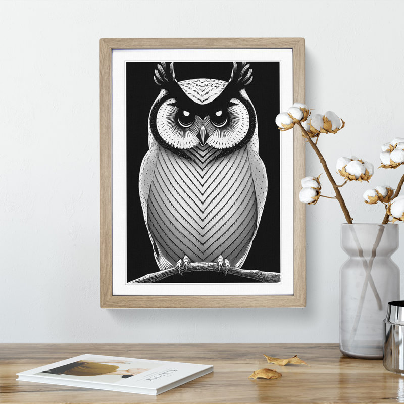 Owl in Monochrome - Framed Print, 34cm H x 25cm W x 2cm D, Oak