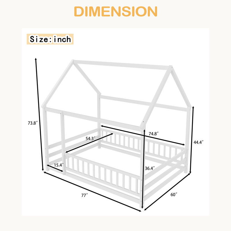 Floor Wooden Bed With House Roof Frame, Fence Guardrails, Full, White