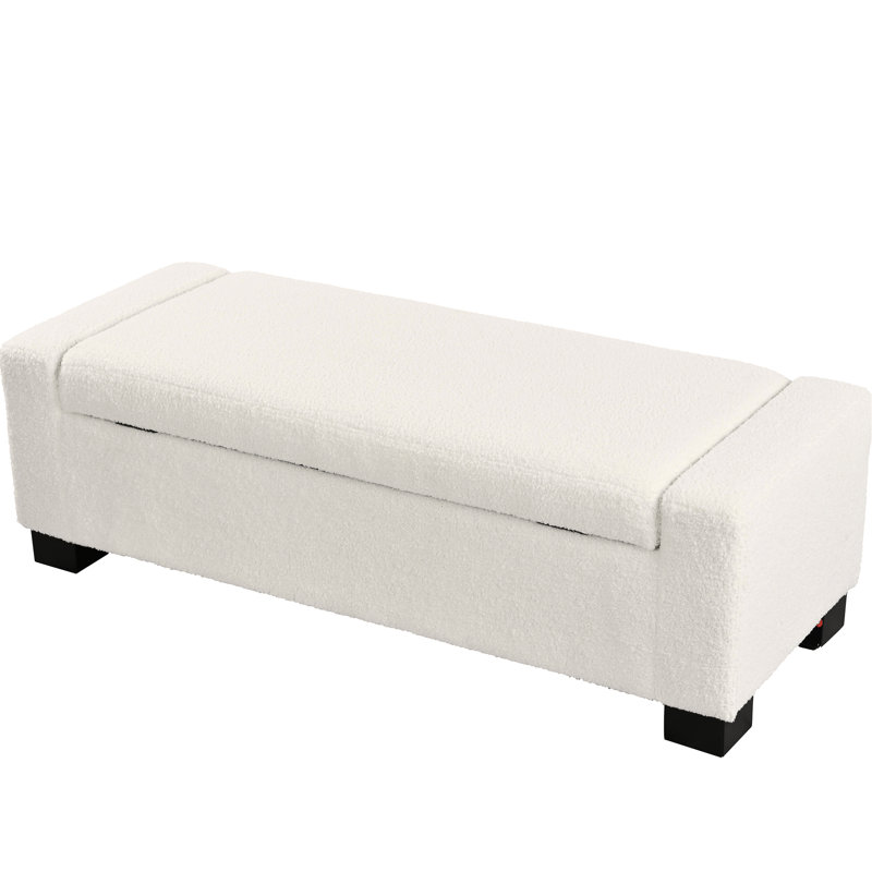 Banc 50 po, Boucle texturée, rangement, beige, pieds en bois de bouleau, charnières, l 50,75 po de la chambre à coucher, tissu doux, couvercle rabattable, rangement caché,