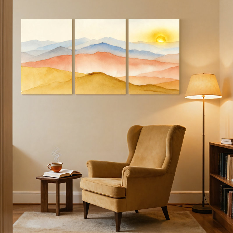 «Abstract Mountain Landscape Sunset», ensemble de 3 reproductions d'art sur toile, H 18 po x l 36 po