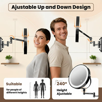 Two-Fingers-Width Narrow Base Rechargeable Wall Mounted Lighted Makeup Mirror,3 Color Lights Dimmable Touch Screen,8 Inch LED Double Sided 1X/10X Magnifying Mirror (Black 30X)